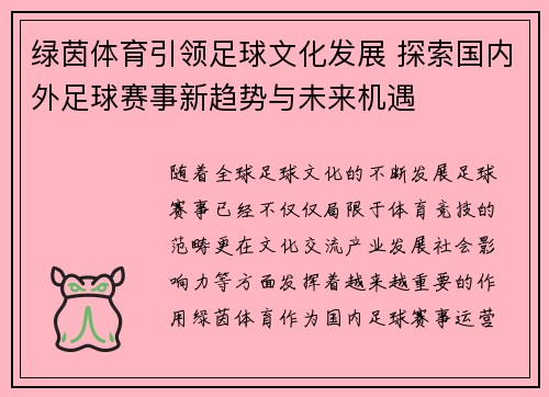 绿茵体育引领足球文化发展 探索国内外足球赛事新趋势与未来机遇