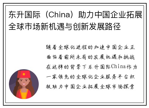 东升国际（China）助力中国企业拓展全球市场新机遇与创新发展路径