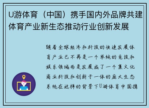 U游体育（中国）携手国内外品牌共建体育产业新生态推动行业创新发展