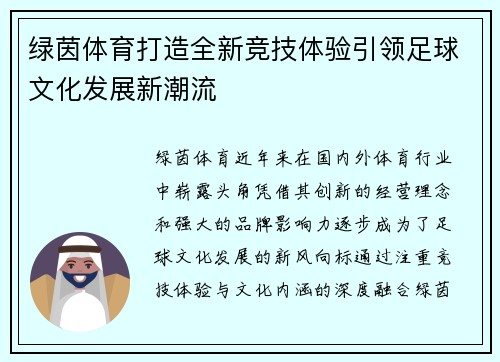 绿茵体育打造全新竞技体验引领足球文化发展新潮流